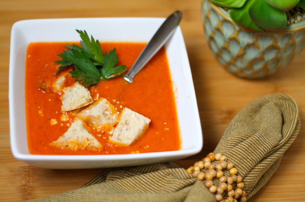 Delicious tomato soup served with freshly made french bread croutons.