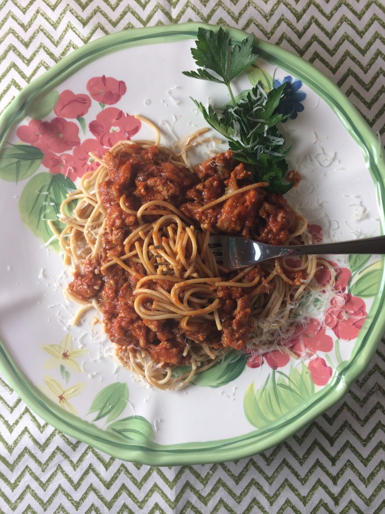 Delicious and nutritious turkey and zucchini spaghetti served with whole grain pasta.